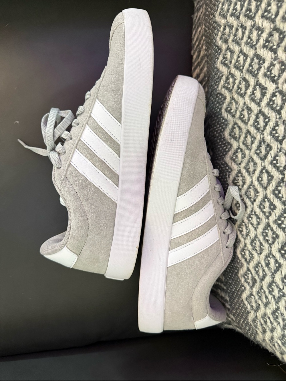 Adidas W-11 once-worn light grey suede low-top sneakers with white stripes. - Picture 2 of 5